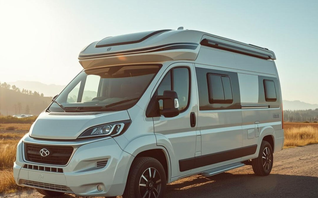 A modern white camper van parked on a dirt road alongside a golden field, illuminated by the warm glow of the setting sun with distant mountains in the background - www.nebraskaownersinsurance.com
